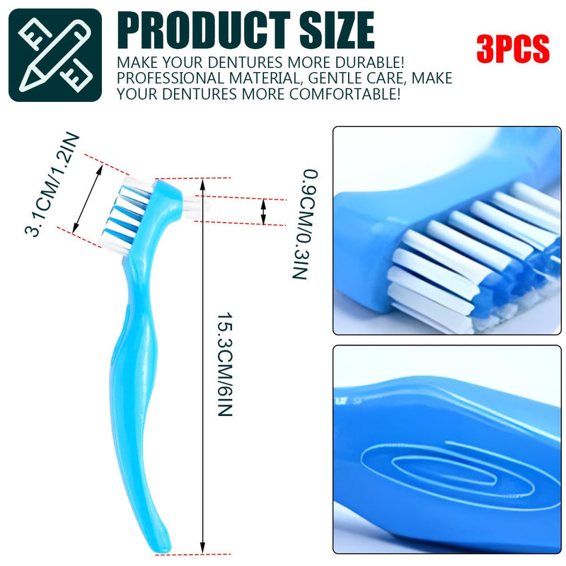 3Pcs Denture Toothbrush Double Heads Denture Brush Portable Denture Cleaning Tool Oral Care Set False Teeth Denture Cleaner Anti-Slip Handle Hygiene Denture Brush,Blue - BeesActive Australia
