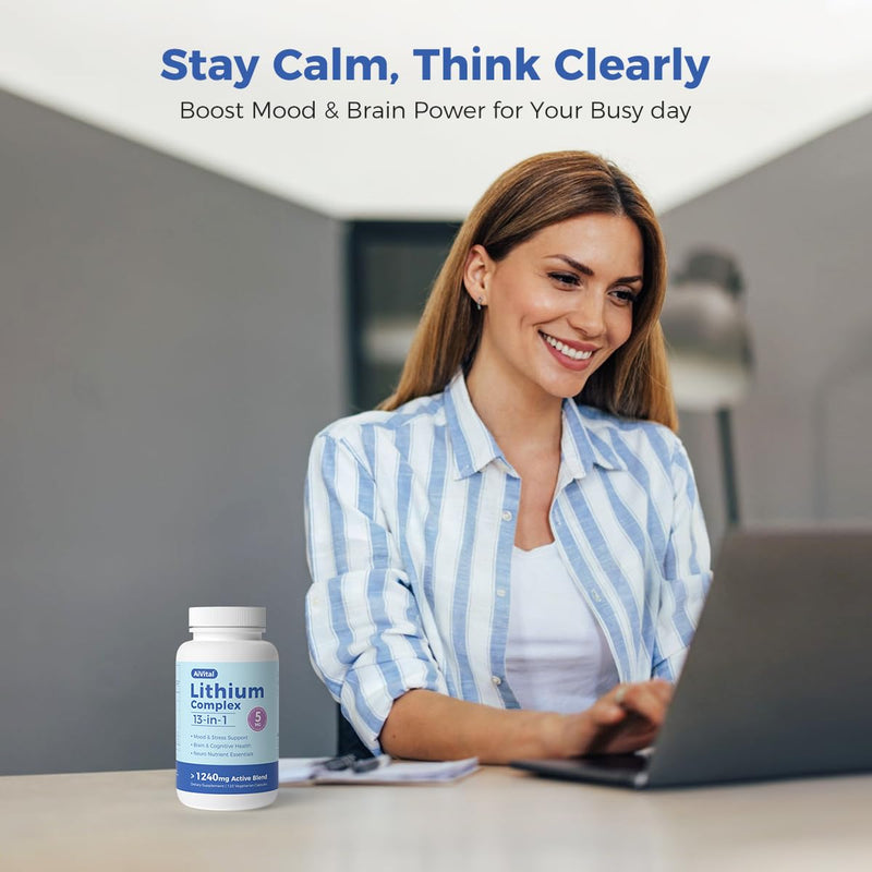 AiVital™ Lithium Orotate 5mg, 13-in-1 Lithium Supplement with Magnesium Glycinate, L-theanine & DHA for Daily Balance, Focus & Clarity, Low-Dose Formula, Non-GMO, Gluten Free, Vegan, 120 Capsules
