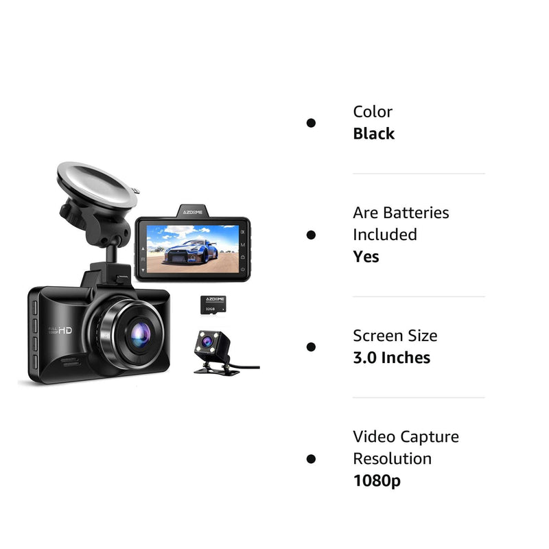 AZDOME Dual Dash Cam Front and Rear, 3 inch 2.5D IPS Screen Free 64GB Card Car Driving Recorder, 1080P FHD Dashboard Camera, Waterproof Backup Camera Night Vision, Park Monitor, G-Sensor, for Car Taxi - BeesActive Australia