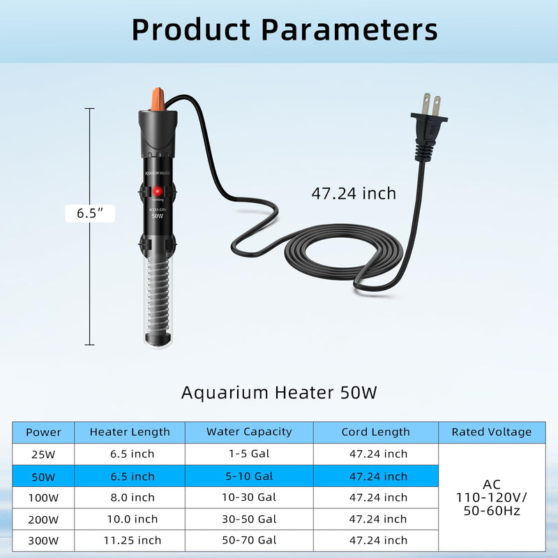 HiTauing Aquarium Heater 25W/50W/100W/200W/300W, Adjustable Knob Fish Tank Heater with Digital Thermometer, Submersible Betta/Turtle Tank Heater for Freshwater and Saltwater Tanks 50W for 5-10 gallon - BeesActive Australia