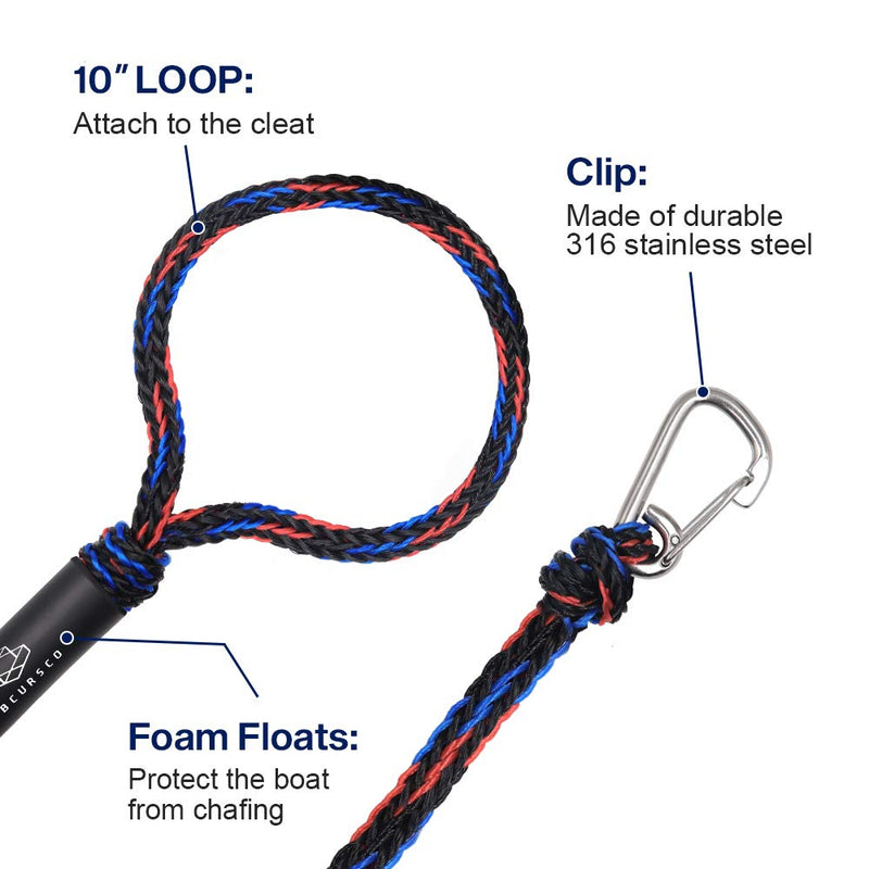 Obcursco Heavy Duty Boat Dock Lines (7ft & 14ft) - 1/2" Marine Mooring Rope with 316 Stainless Steel Clip - Accessories for PWC, Pontoon, Center Console, Jet Ski (Black/Red/Blue, 2 Pack) Black/Red/Blue - BeesActive Australia