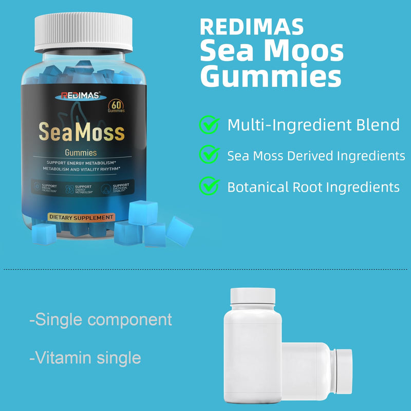 Sea Moss Gummies with Ashwagandha Root – Blueberry Flavor, 60 Count | Irish Seamoss Gummies Daily Wellness, Plant-Based Vegan Chewable Nutritional Supplement, Easy To Take