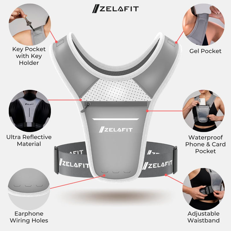 ZelaFit™ Running Vest for Women & Men Running Phone Holder – Perfect for Running Gear, Running Accessories, Running Essentials - Lightweight Chest Rig Phone Holder for Running (Silver) Silver