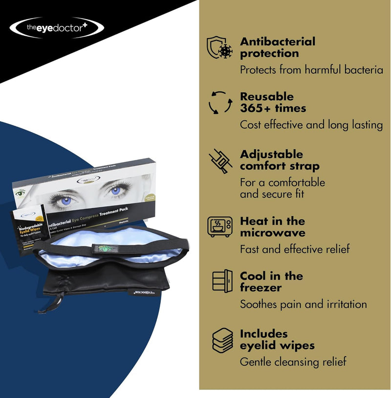 The Eye Doctor Featuring Sterileyes - Antibacterial Hot Eye Compress for Dry Eye, Blepharitis and MGD with a Removable Cover. Can Also be Used as a Cold Compress Includes 6 Eyelid Wipes Mask Pack - BeesActive Australia
