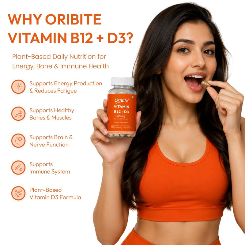 Vitamin B12 + D3 Supplement – Supports Red Blood Cell Formation, Energy Levels, Nerve Health & Immune Function | 500mg Per Serving | with Alfalfa & Spinach Powder | Vegan Capsules | 60 Count