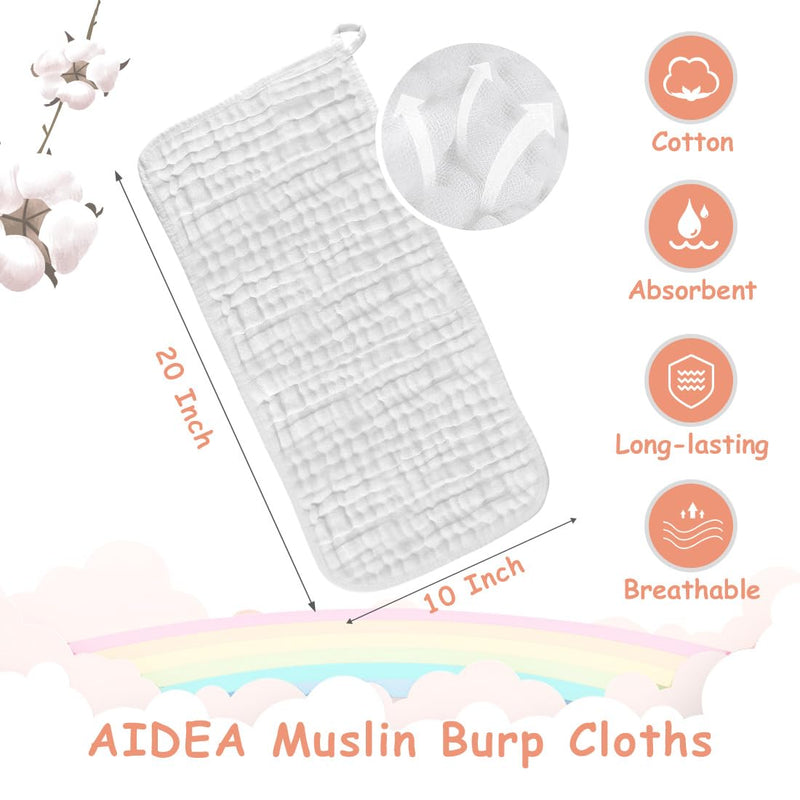 AIDEA Burp Cloths-20"x10", Muslin Burp Cloths for Babies, Highly Absorbent Cotton Burp Cloths, Large Soft Breathable Baby Rags for Boys and Girls, Newborn Essentials, White-10 Pack 20"X10" - BeesActive Australia