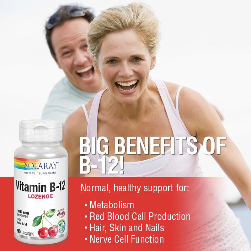 Solaray Vitamin B-12 1000mcg Lozenges, Natural Cherry Flavor, 90 Count | B12 Vitamins 1000 Mcg, Cyanocobalamin for Women & Men, B-Vitamins for Cellular Energy Support & Nerve Health