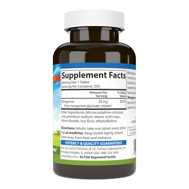 Carlson - Chelated Manganese, 20 mg - Superior Absorption, Healthy Metabolism, Bone Support & Brain Health, 250 Tablets