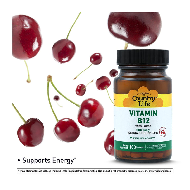 Country Life Vitamin B12 with Folate, Supports Energy & Red Blood Cell Production, 500mcg, 100 Lozenges, Certified Gluten Free, Vegan, Halal, Non-GMO Verified 100 Count (Pack of 1)