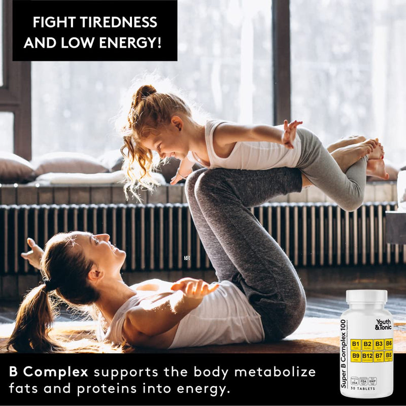 Youth & Tonic Super B Complex 100, Stress B Complex, PABA B-100 Vitamins | Calm & Steady Energy, High Potency Vitamin B Complex (Complejo B) with Choline Inositol, Men & Women, 30 Tablets 30 Count (Pack of 1)