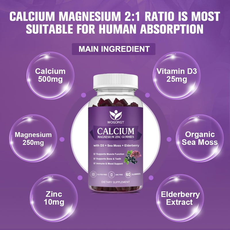2Pack Calcium Magnesium Zinc Gummies with Vitamin D3 for Women & Men, 60Ct | WOGORGT - Chewable Calcium Magnesium Zinc D3 Supplement with Sea Moss, Elderberry for Bone, Teeth, Immune Support, Vegan 60 Count (Pack of 2)