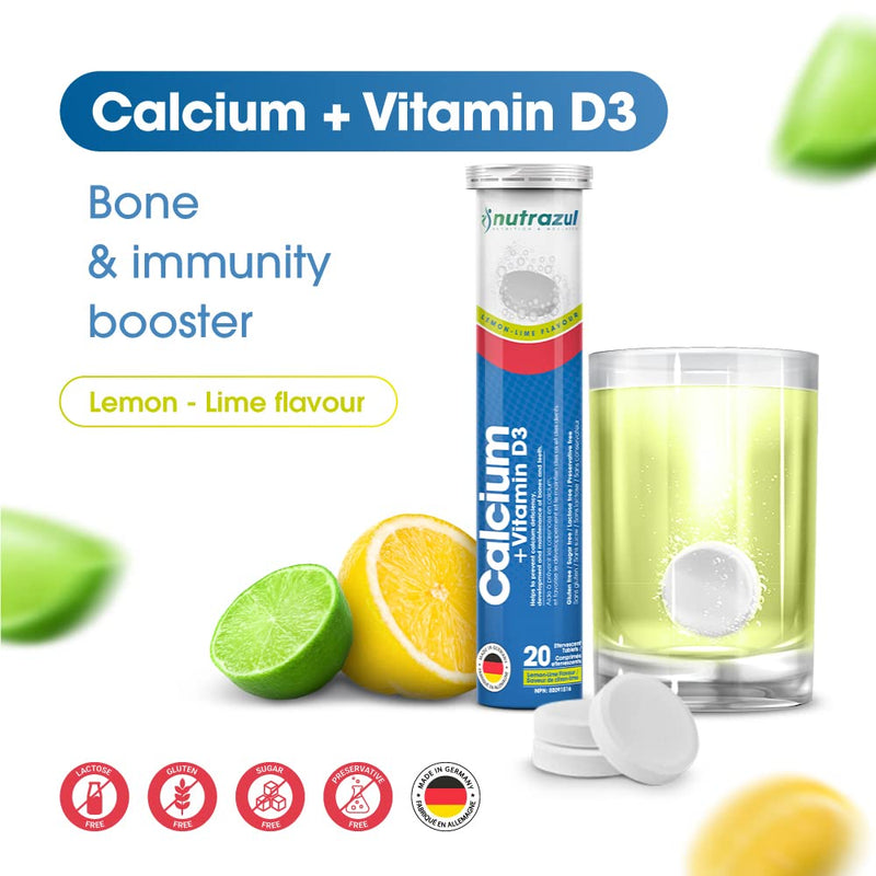 Nutrazul Calcium + Vitamin D3 Effervescent Tablets, for Bone Health Maintenance, 500 mg Calcium and 2.5 mcg Vitamin D3, Suitable Supplements for Women & Men, Lemon-Lime Flavor, 60 Tablets 20 Count (Pack of 3)