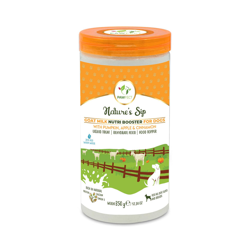 Pawfect Nature's Sip Goat Milk Powder with Pumpkin, Apple, Cinnamon & Pumpkin Seeds for Dogs- Easily Digestible- Pre & Probiotics- Healthy Topper- Hydration Support- 70 Scoops (350g/12.34oz) 350