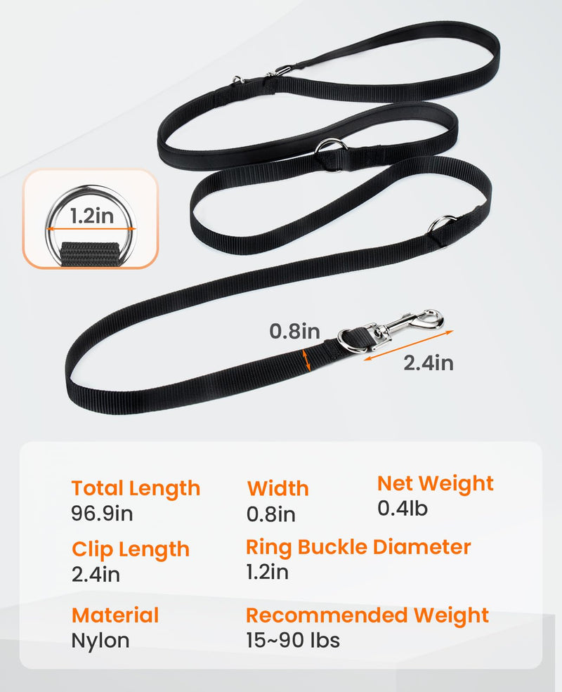 oneisall Hands Free Dog Leash,8ft Nylon Adjustable Dog Training Leash, Crossbody Dog Leash for Small/Medium/Service Dogs Walking/Running/Hiking Black