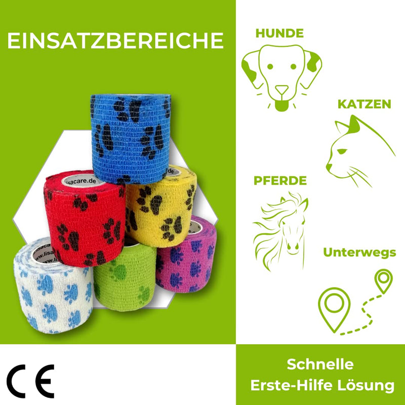 LisaCare self-adhesive bandage - set of 6 elastic bandages - animal bandage 5cm - self-adhesive dog bandage medically certified - colorful paw set (6 paw mix) paw mix colorful - BeesActive Australia