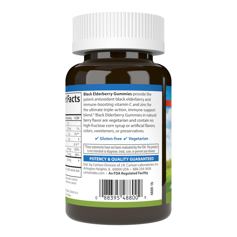 Carlson Black Elderberry Gummies, 100 mg, Non-GMO, 60 Vegetarian Gummies | Berry; Black Elderberry Extract; with Vitamin C & Zinc