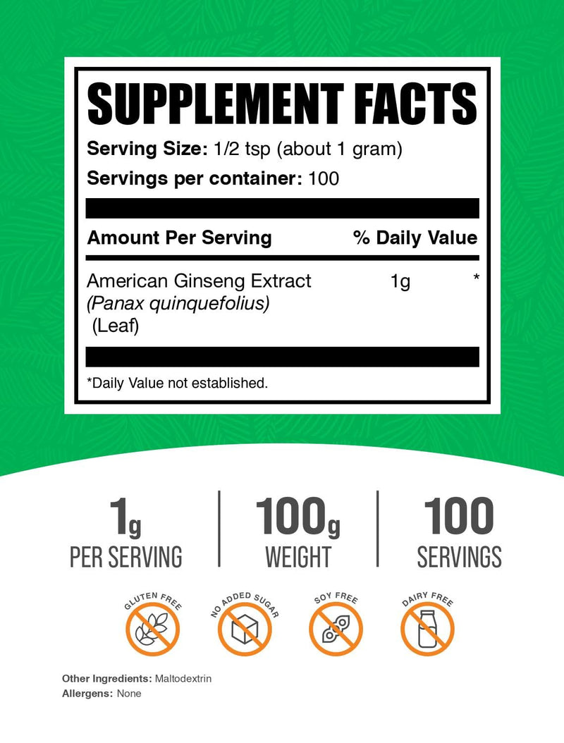 BulkSupplements.com American Ginseng Extract Powder - Ginseng Supplement, Herbal Supplements - Gluten Free, 1g per Serving, 100g (3.5 oz) (Pack of 1) 3.53 Ounce (Pack of 1) - BeesActive Australia