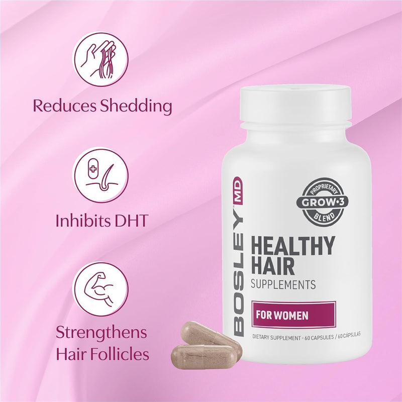 BosleyMD Women’s Healthy Hair Growth Supplements for Thicker, Fuller Hair– DHT-Blocking Botanicals with Biotin, Niacin, Zinc & L-Lysine – Rich in Vitamins & Minerals – 60 Capsules (2-Month Supply) Women's Supplement With Biotin (Raspberry Pink)