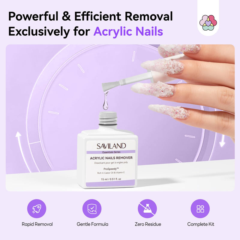 SAVILAND Acrylic Nail Remover Kit 2 Pcs: Powerful Rapid Dissolution Acrylic Remover with Cuticle Oil & Nail File Tools, No Soaking No Wrapping, Gentle Professional Set for Home Use 16pcs