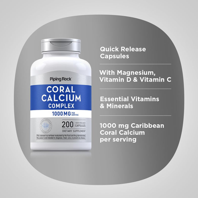Piping Rock Coral Calcium 1000 mg | 200 Capsules | Bone Formula Complex | With Vitamin D, C, and Magnesium | Non-GMO, Gluten Free Supplement