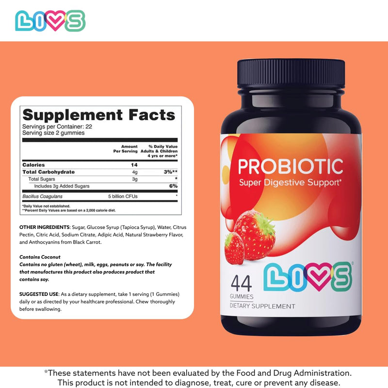 LIVS Probiotic Gummies for Women and Men – 5 Billion CFUs Bacillus Coagulans for Digestive Gut Health, Mood Support & Immune Boost | All Natural, Plant-Based, Vegan, Strawberry Flavor - 44 Count 1 Count (Pack of 1)