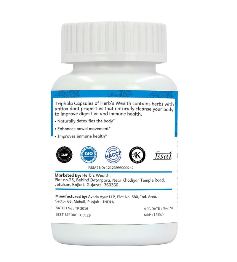 Herb's Wealth Triphala Capsules, 500mg, 60 Vegetarian Capsules, Natural Digestive and Immune Health Supplement - BeesActive Australia