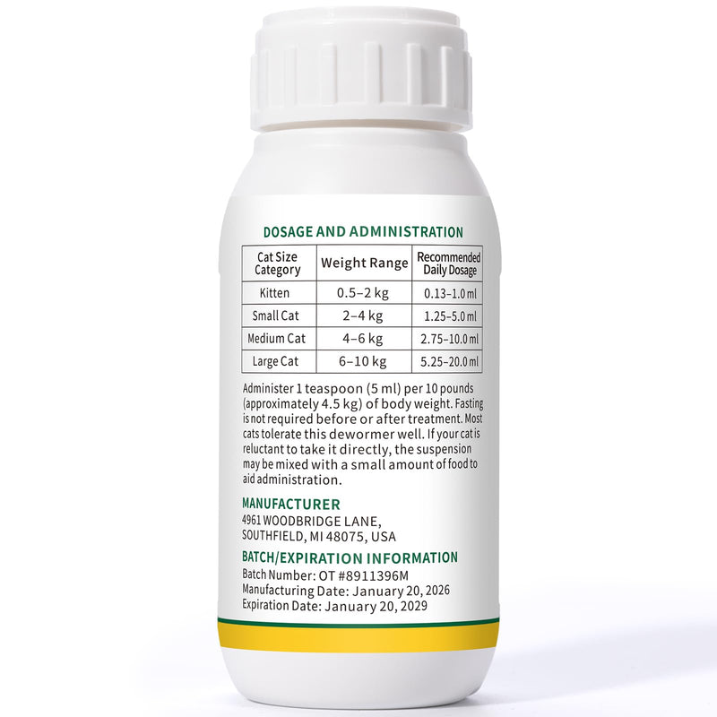 Pyrantel Pamoate Oral Suspension for Cats & Kittens, Cat Dewormer for Roundworms and Hookworms, 100 mL
