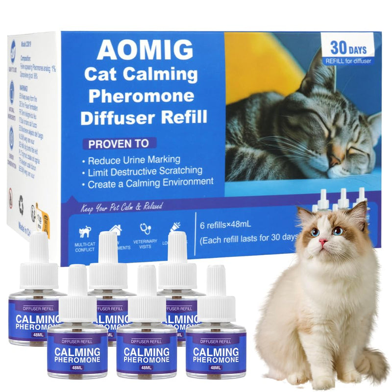 Aomig Pheromone Diffuser Refill for Cats Multi-Cat Household Refill, Cat Calming Plug in Diffuser Refill, Plug In Anxiety Relief Pheromone Diffuser for Cats, Cat Calming Product Calming Pheromone Kit 6PCS-Refill