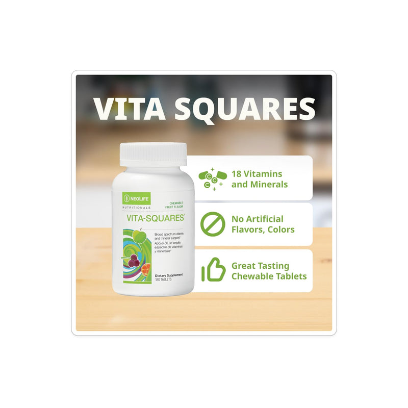 NeoLife Vita-Squares - Chewable Multivitamin for Kids, 18 Essential Vitamins & Minerals, Iron, Zinc, Vitamin D3, B-Complex, Vitamin for Kids MultiVitamin C & E, Berry-Citrus Flavor, 180 Tablets