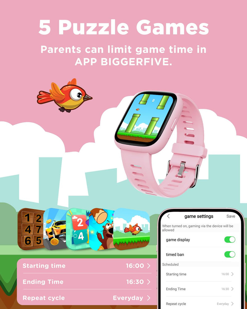 BIGGERFIVE Smart Watch for Kids, 1.8" Fitness Tracker Watch Pedometer, Heart Rate, IP68 Waterproof, Sleep Monitor, Calorie Step Counter, 5 Puzzle Games with/Without APP for Girls Teens 5-16 Pink - BeesActive Australia