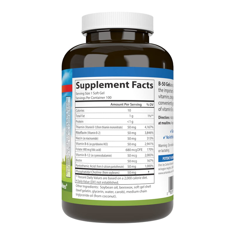 Carlson B-50 Gels, Vitamin B Complex, Energy Production, 100 Softgels | Cellular Support; Optimal Wellness 100 Count (Pack of 1)