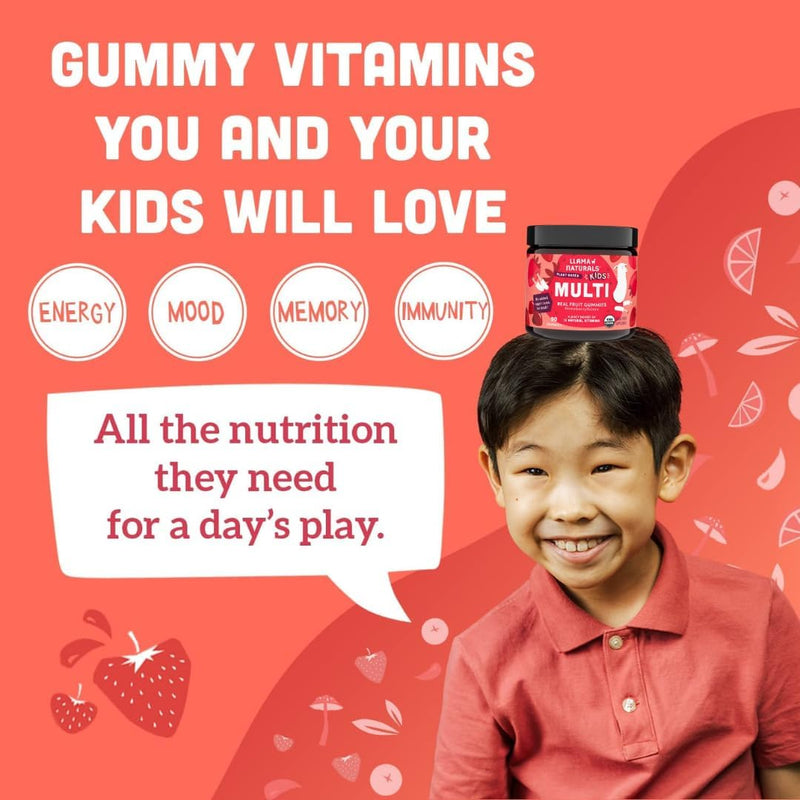 Llama Naturals Kids Multivitamin Gummies | Real Fruit, No Added Sugar Cane | Organic Vegan Toddler Whole Food Vitamins | Vitamin D, C & Beta Carotene Gummy Supplement | Strawberry 90 Ct (1-2 Months) 90 Count (Pack of 1)