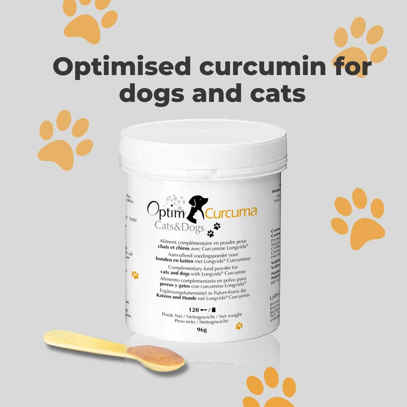 OPTIM Curcuma Cats & Dogs Senior - Turmeric Powder for Dogs and Cats - High Strength Hip & Joint Supplement - 120 Doses - Longvida Curcumin - No Pepper No Bioperine