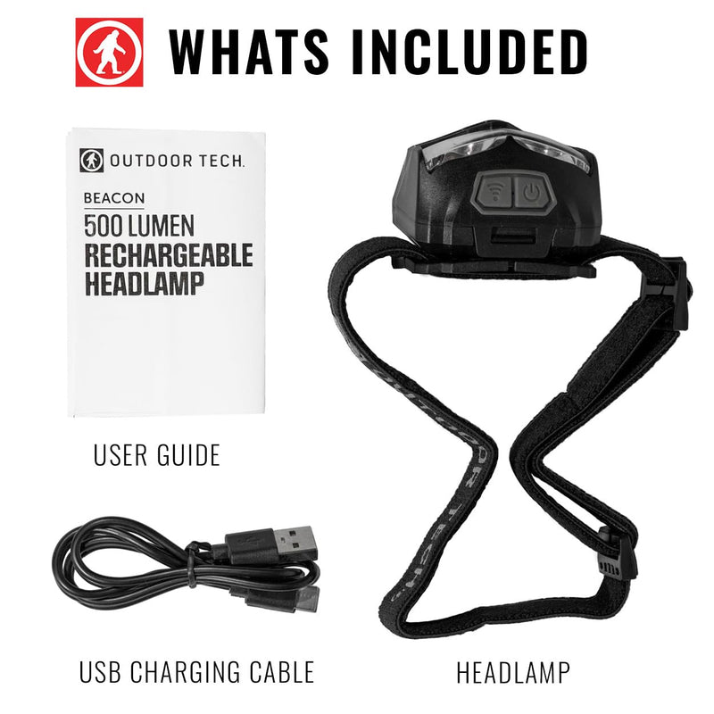 Outdoor Tech Beacon 500 Lumen Headlamp – Lightweight Ultra-Bright LED Camping Essentials, IPX4 Waterproof, Rechargeable Battery (Included) or 3 AAA Batteries (Sold Separately)