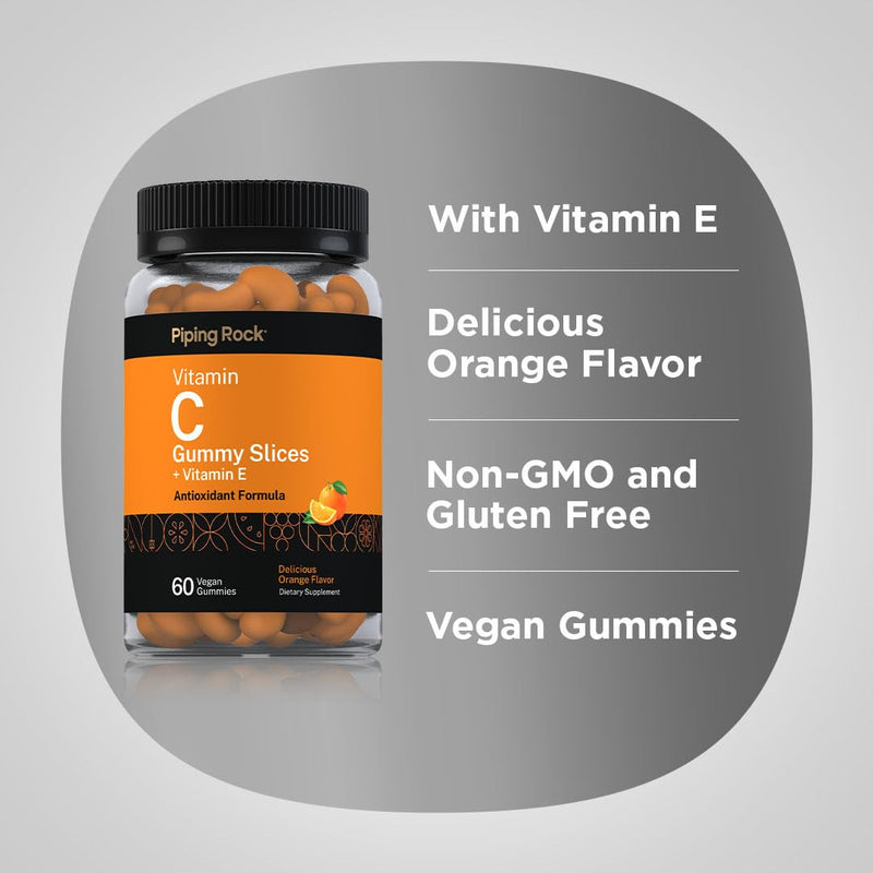 Piping Rock Vitamin C Gummies | 60 Count | Orange Flavor | with Vitamin E | Vegan, Non-GMO, and Gluten Free Supplement