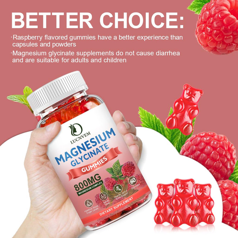 Sugar Free Magnesium Glycinate Gummies, 500mg Magnesium Glycinate with 200mg Magnesium Malate, Taurate, Oxide, COQ10, Vitamin B6 and D3, Sleep & Calm Support, 60 Raspberry Gummies 60 Count (Pack of 1)