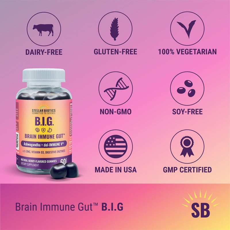 Del-Immune V + Ashwagandha - Brain Immune Gut™ (B.I.G.) Gummy - All Natural Immune & Gut Support with Zinc, Vitamin D3 + Digestive Enzymes (60 Gummies)