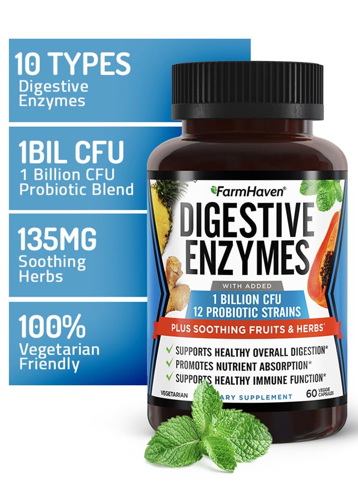 FarmHaven Digestive Enzymes with 18 Probiotics & Herbs, 120 Capsules | Papaya, Bromelain, Protease & More for Lactose Absorption and Better Digestion - Helps Relieve Bloating, Gas and Constipation