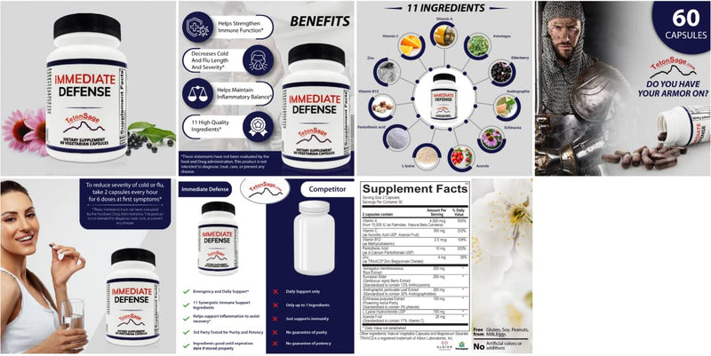 Immediate Defense Immune Support - Zinc, Black Elderberry, Echinacea, Vitamin A & C with B12, | Powerful Immunity Booster for Adults | Immune System Booster Supplement 60 Capsules