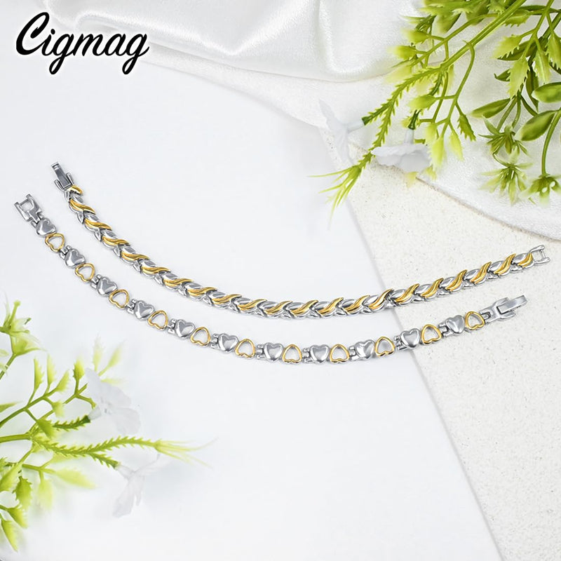 Magnetic Bracelets for Women Titanium Bracelet Strength Magnet with Adjustable Tool (2 PCS) Silver Gold Fish Tail - BeesActive Australia
