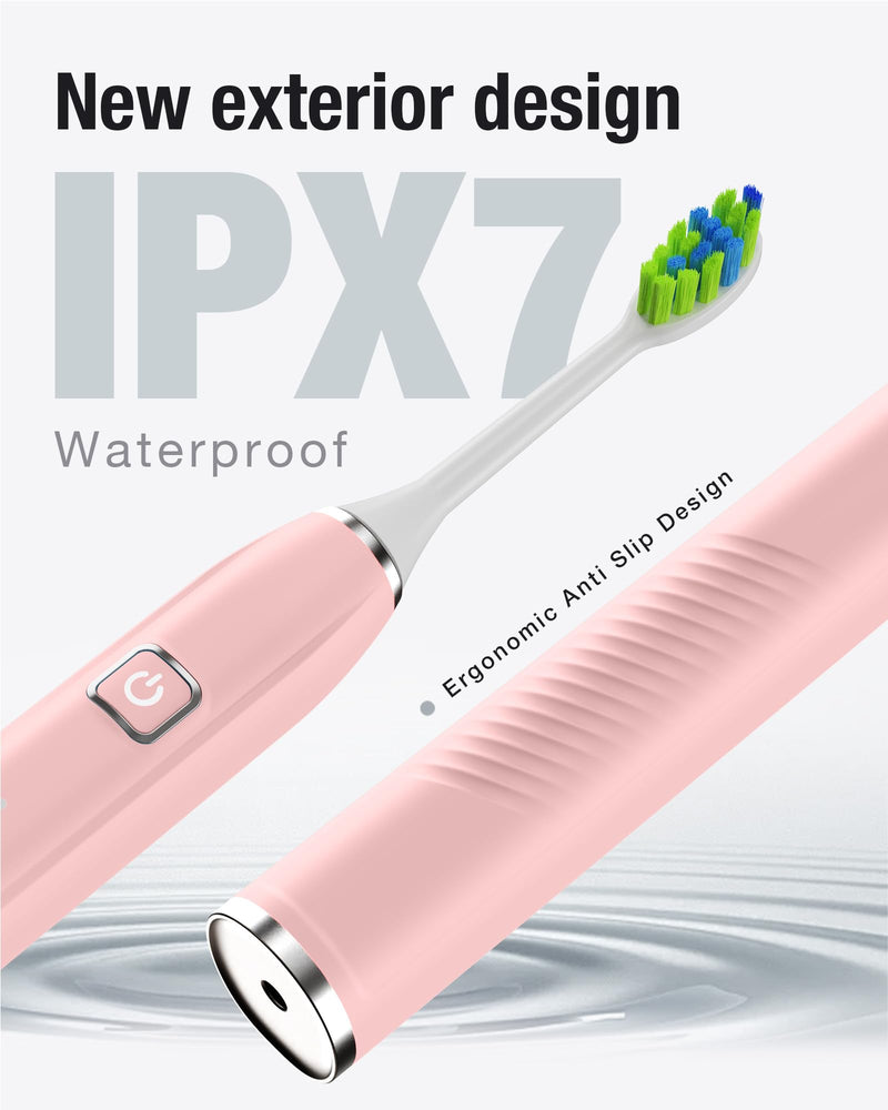 7AM2M Sonic Electric Toothbrush with 6 Brush Heads for Adults&Kids, One Charge for 120 Days, Wireless Fast Charge, 5 Modes, 40000VPM Powered Toothbrush, 2 Minutes Built in Smart Timer -Pink Pink