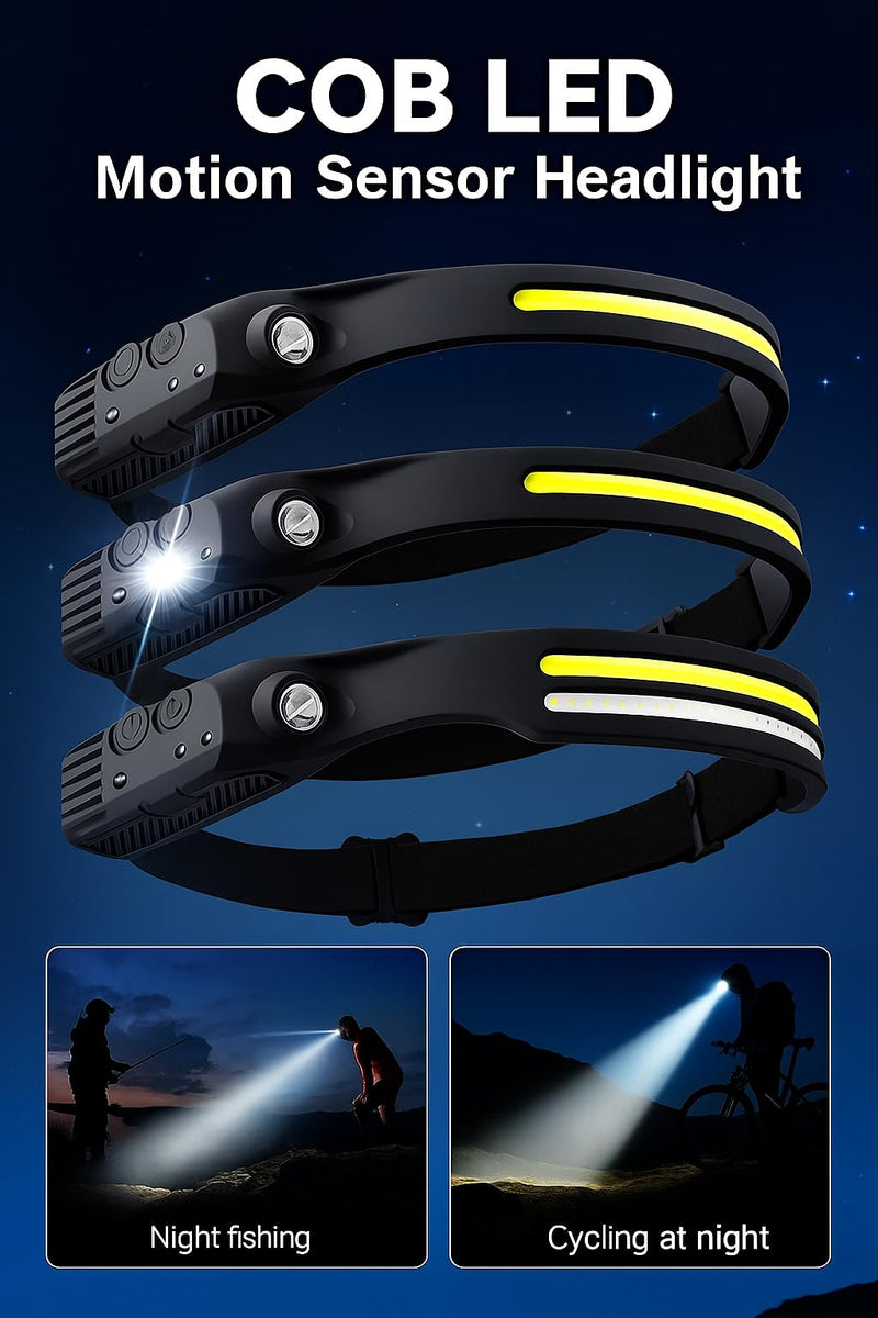 3-Pack Rechargeable LED Headlamps – High-Power USB Headlights COB Floodlight & Motion Sensor – Super Bright, Adjustable Beam, Water-Resistant – Ideal for Camping, Work, Fishing, Biking, Running - BeesActive Australia