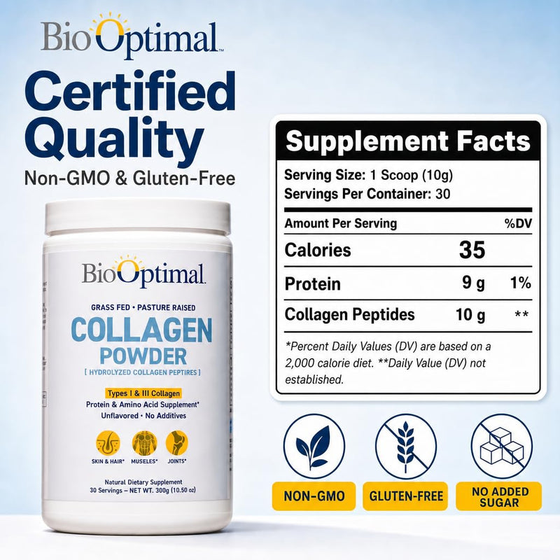 BioOptimal Grass-Fed Hydrolyzed Collagen Powder, Unflavored, Skin & Joints | Hydrolyzed Type I & III; 10g per scoop; 30 servings; non-GMO; gluten-free; no sugar or preservatives; GMP certified