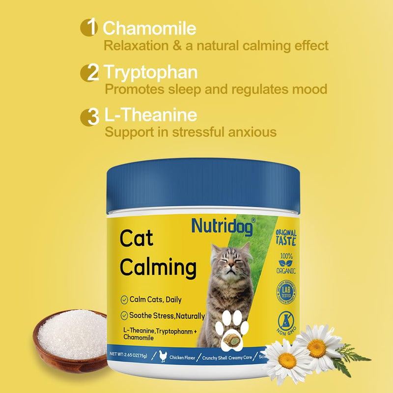 Cat Calming Treats 150 Count – L-Theanine 60mg + Tryptophan & Chamomile for Anxiety, Stress & Aggression Relief, Dual-Texture Chicken Flavor, All Breeds & Ages