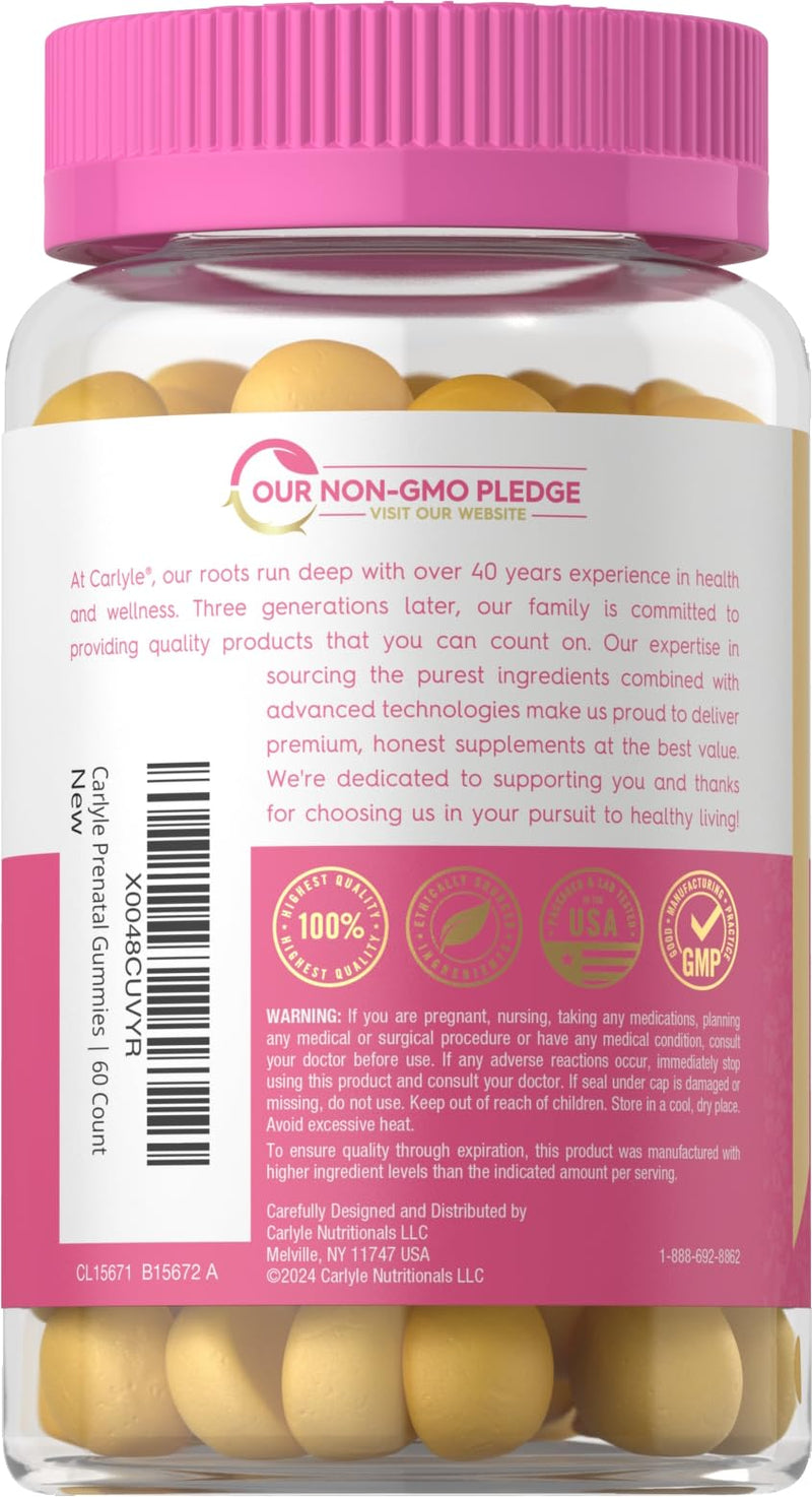 Carlyle Prenatal Gummy with DHA & Folic Acid | 60 Gummies | Women's Multivitamin and Mineral Supplement | Fruit Flavor | Non-GMO, Gluten Free | For Her
