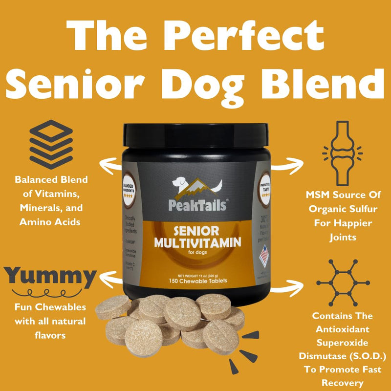 Senior Multivitamin for Dogs – 150 Tablets with MSM, Superoxide Dismutase, Vitamin C & 19 Essential Nutrients – Supports Joint Health & Overall Wellness 150 Count