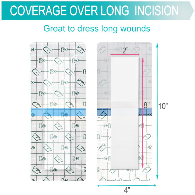 Waterproof Incision Bandages for Large Wounds Knee Hip Replacement Adheisve Island Dressing Bandaid Tape Post Surgical Shower Protector, No Glue On Center 4 x 10 Inch (Pack of 14) Waterproof 4"x10" Pack of 14