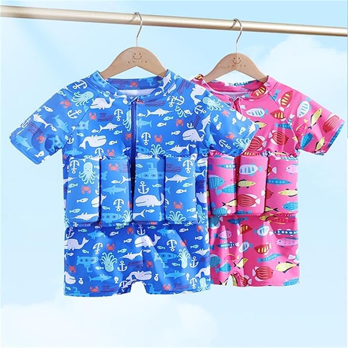 Baby Toddler Girls Boys Float Suit One Piece Rashguard Cartoon Short Sleeve Zip up Buoyancy Swimsuit +Cap 2-3T Pink