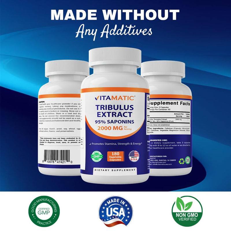 Vitamatic Tribulus Terrestris for Men - 2000 mg per Serving - 95% Saponins - 180 Vegetable Capsules - Made in The USA - Gluten Free & Non-GMO