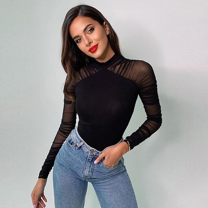 Yun Women's Long Sleeve High Neck Bodysuit, Black, Slimming, Shoulder Mesh, Slim, Inner, Tight Top, Elegant - BeesActive Australia